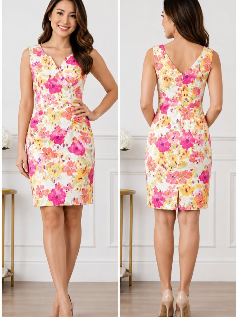 Cleo Petite 10 Floral Sheath Dress Faux Wrap Pink Yellow Career Wedding